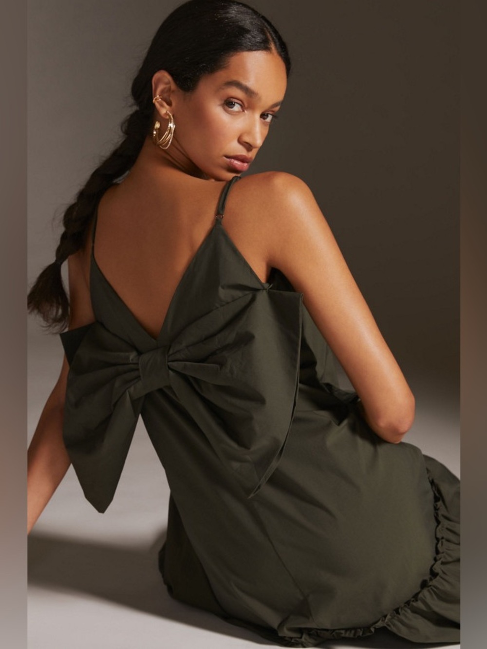 Anthropologie Olive Bow-Back Tiered Midi Dress M
